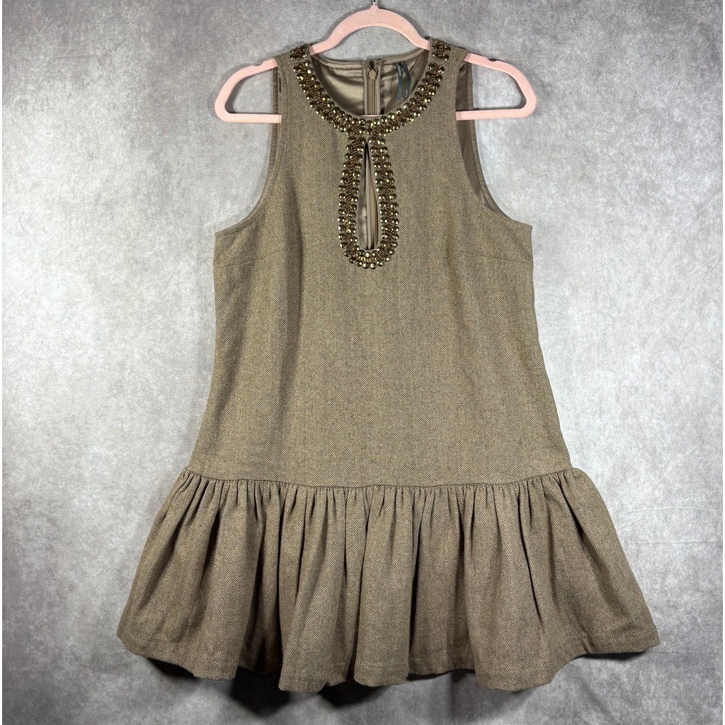 Anthropologie Dress Women M Brown Herringbone Beaded Drop Waist Wool Blend Boho